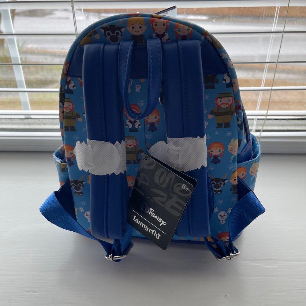 Loungefly Disney Frozen Elsa Anna Sven Olaf Print Chibi Mini Blue Backpack - Picture 4 of 8